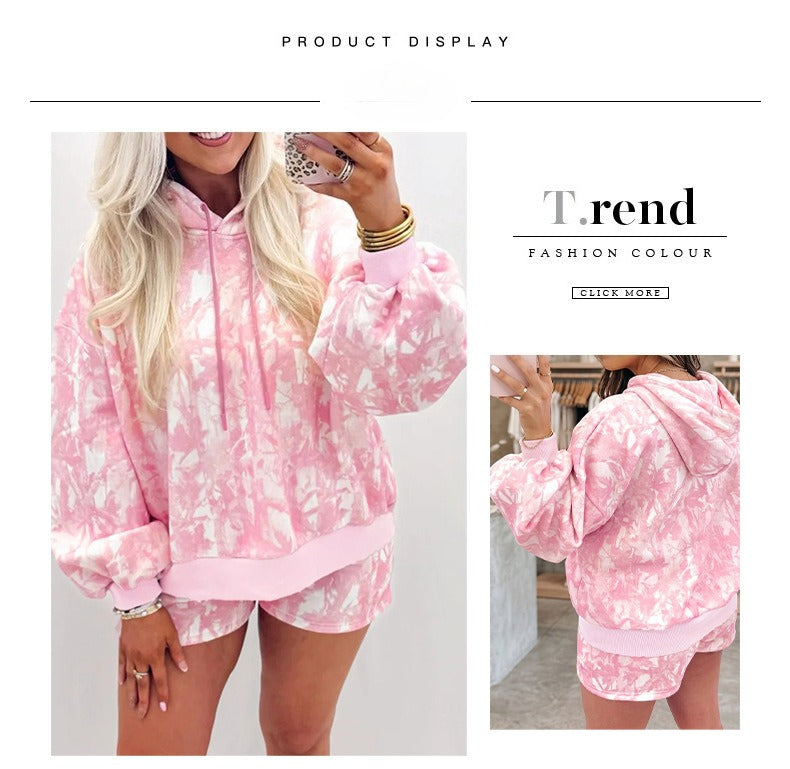 Pink Abstract Print Loose Hoodie Slim Shorts 2pcs Set