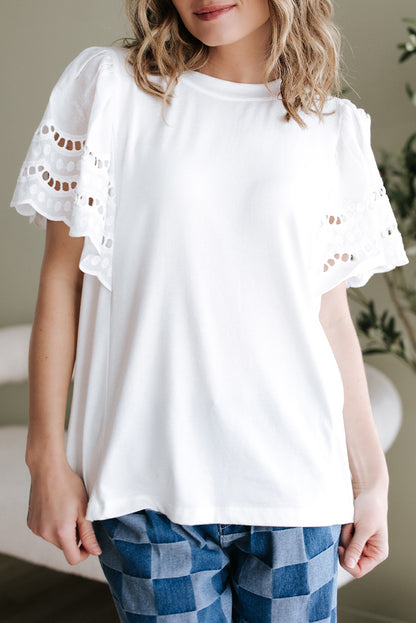 Hollow Out Embroidered Short Sleeve O Neck Top