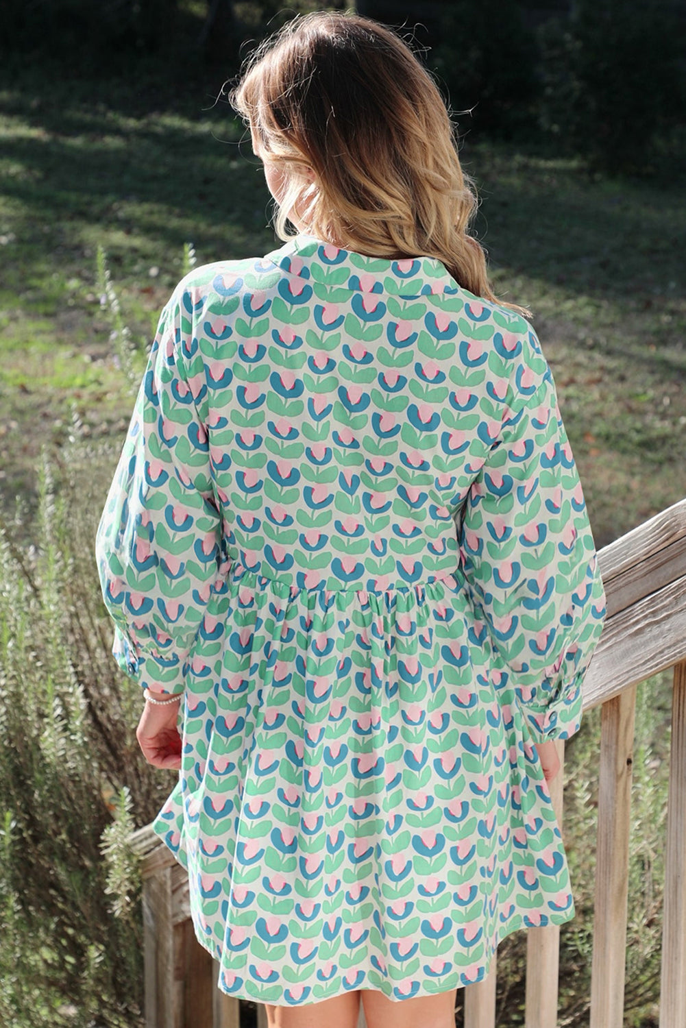Floral Print Notched Neck Scalloped Detail Long Sleeve Mini Dress