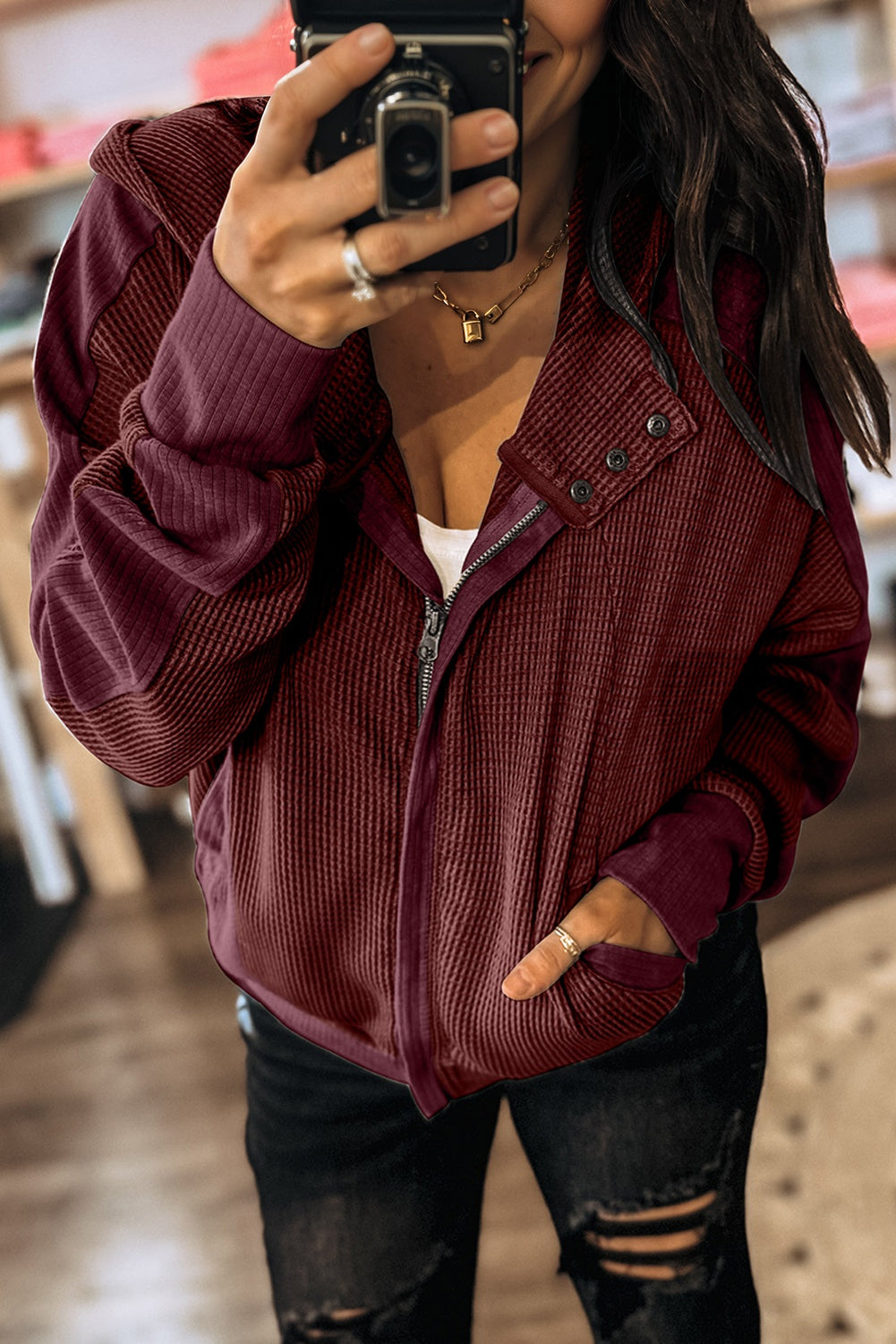 Splicing Zip Up Front Button Hooded Jacket
