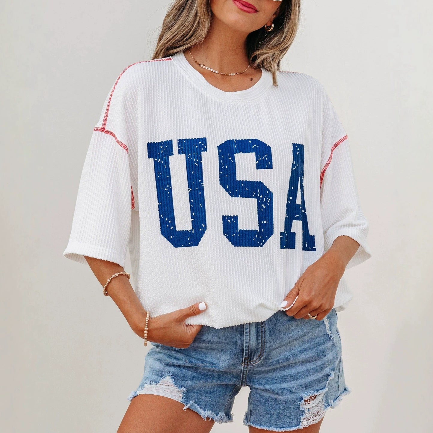 USA Graphic Half Sleeve Loose Ribbed Top