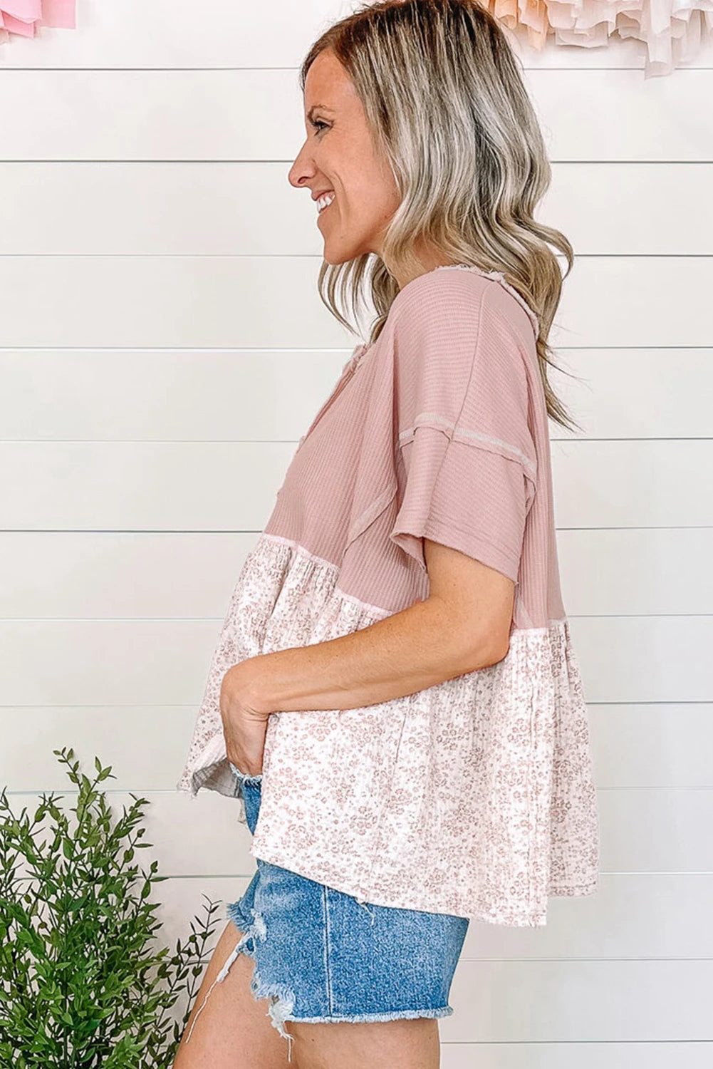 Waffle Floral Patchwork Top