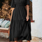 Puff Sleeve Pleated High Waist Flowy Midi Dress
