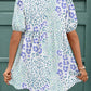 Sky Blue Leopard Contrast Bow Puff Sleeve Mini Dress