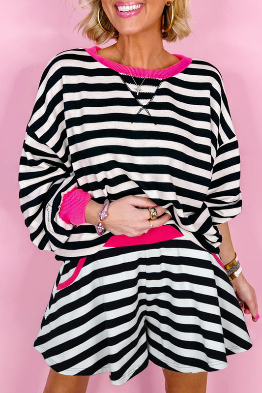 Contrast Ribbed Banding Long Sleeve Blouse Loose Shorts Set