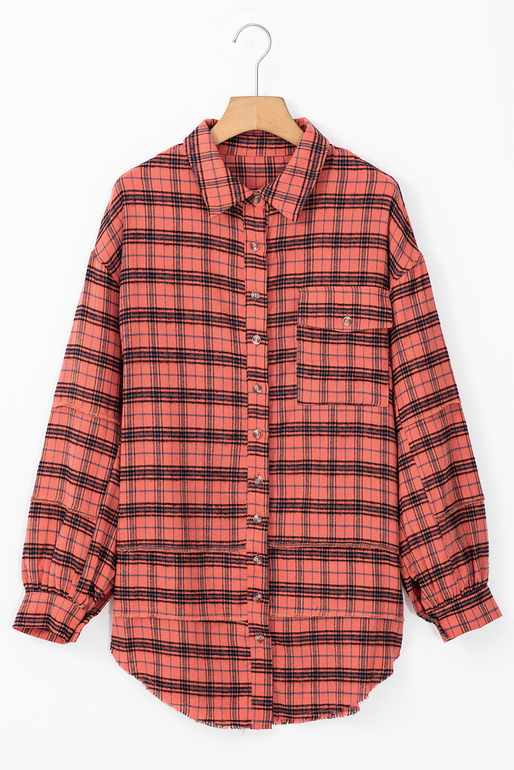 Plaid Side Split Distressed Hem Shirt