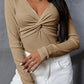 Textured Twist Front V Neck Long Sleeve Slim Solid Color Top