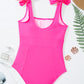 Square Neck Knotted Shoulder Open Back One Piece Swimsuit
