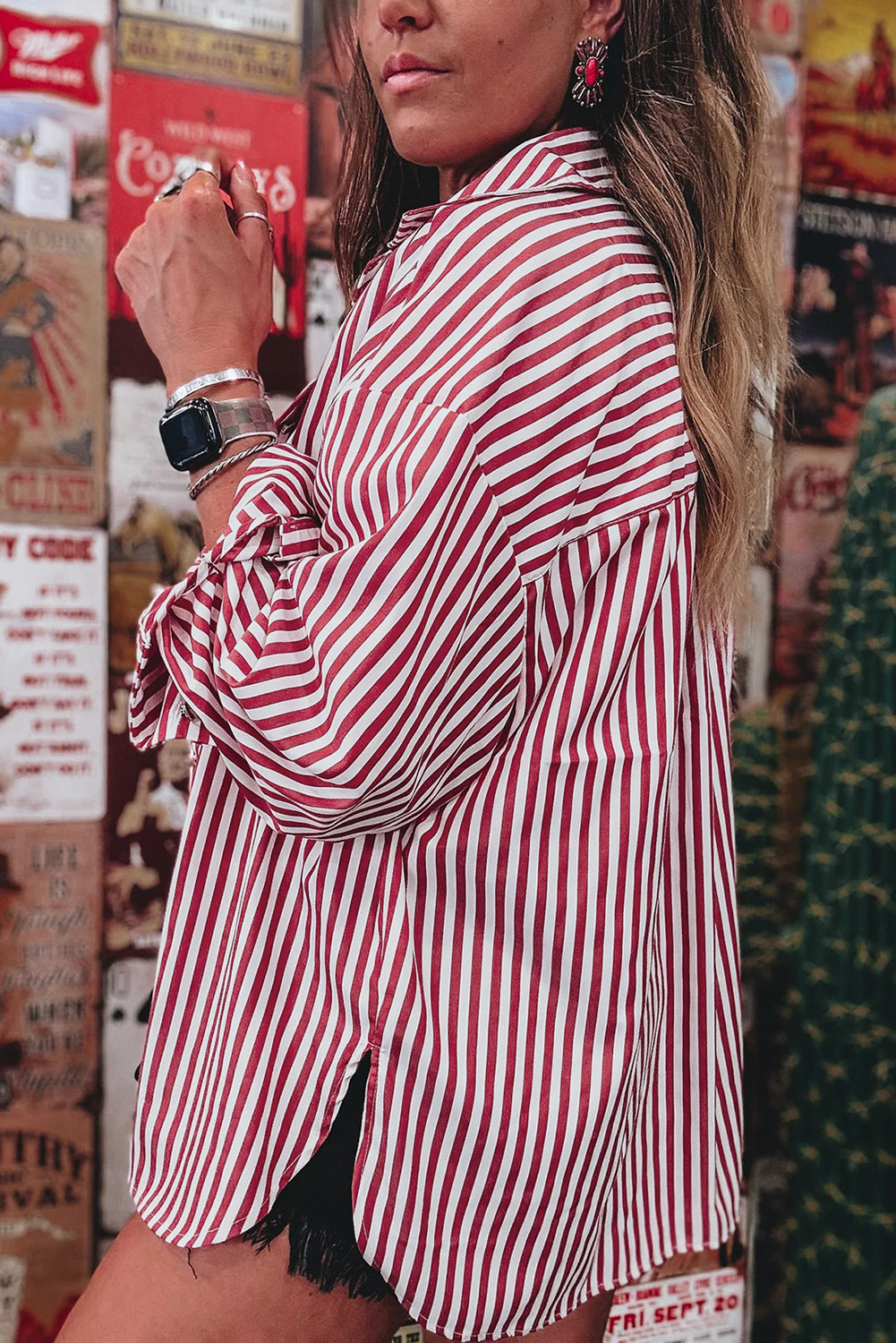 Stripe Patched Pocket Side Slit Loose Shirt