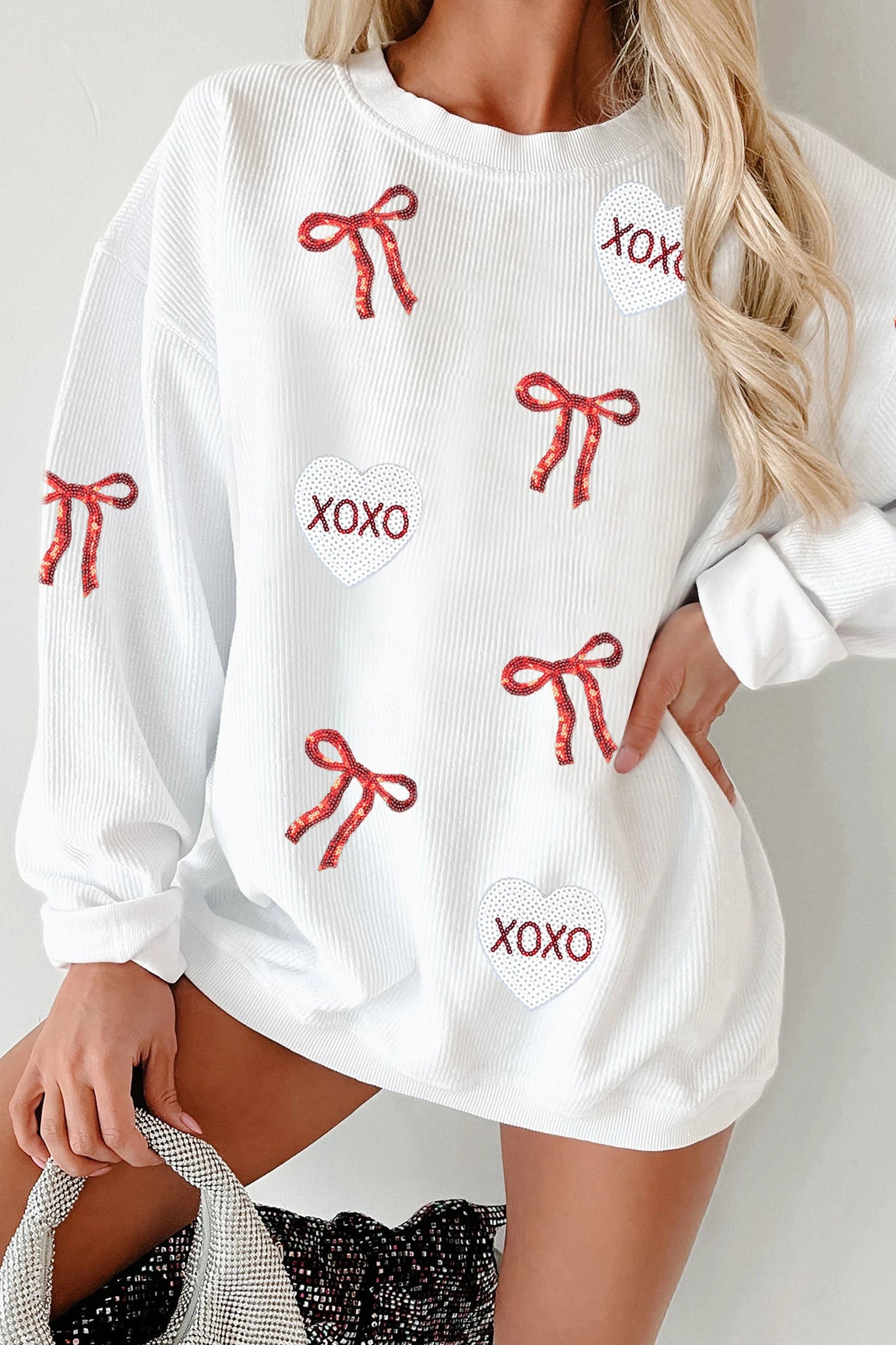 Patched Corded Rib Pullover Sweatshirt