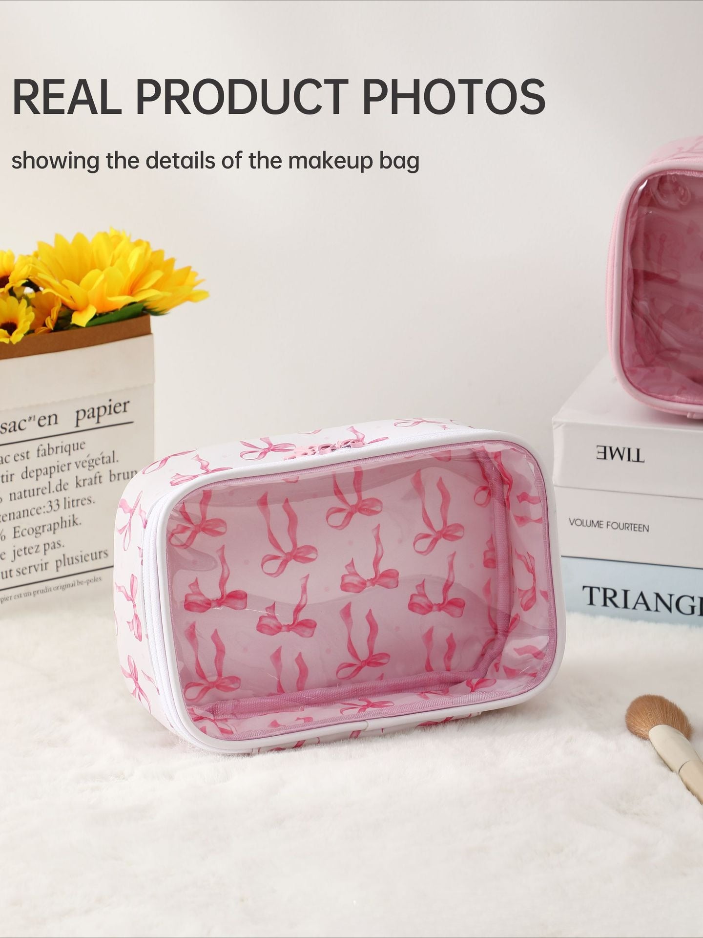 Clear PU Cosmetic Bag Pink Ribbon Toiletry Bag