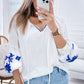 Floral Embroidered Drawstring V Neck Blouse