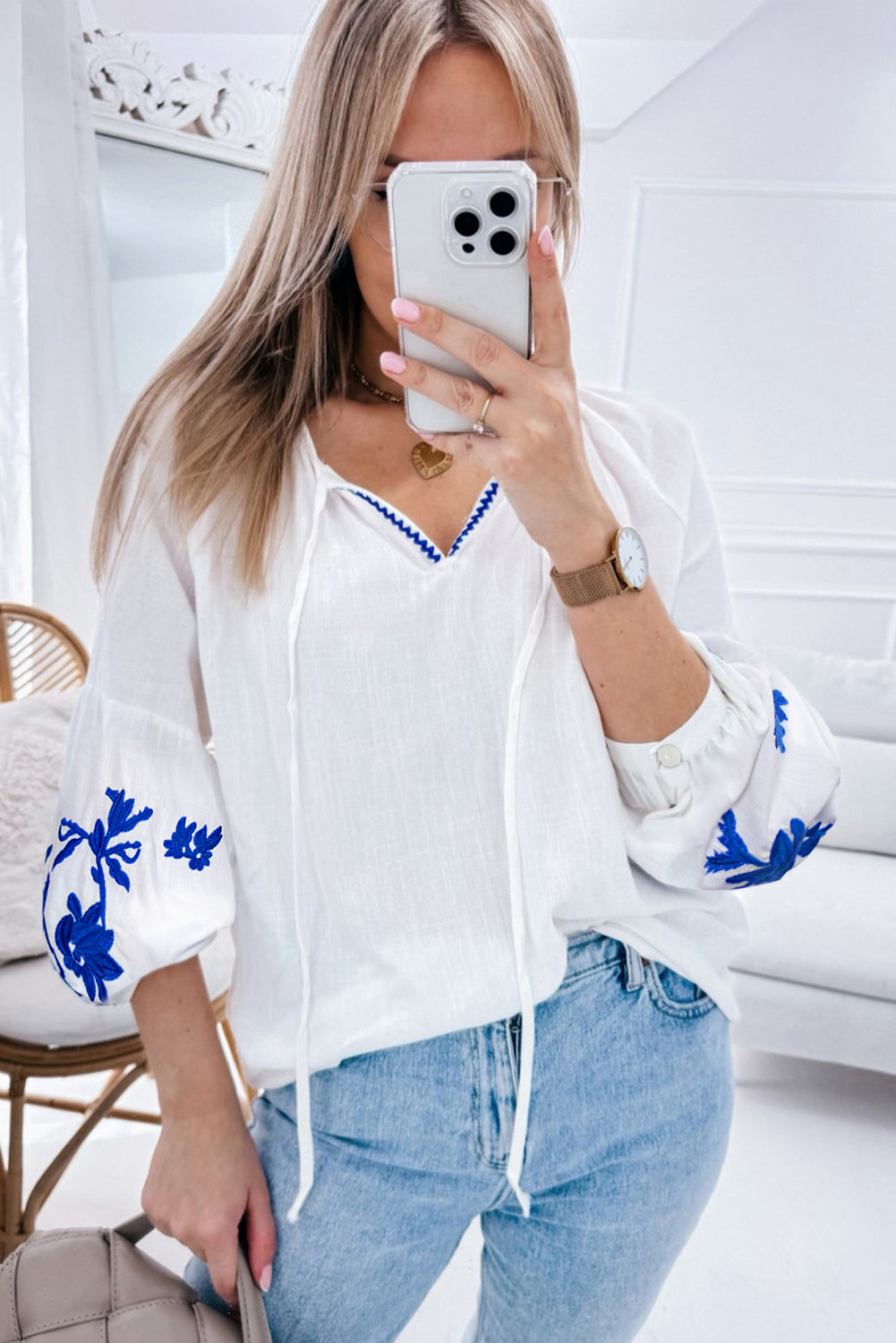 Floral Embroidered Drawstring V Neck Blouse