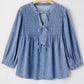 Denim Front Pintuck Bow Tie Puff Sleeve Top