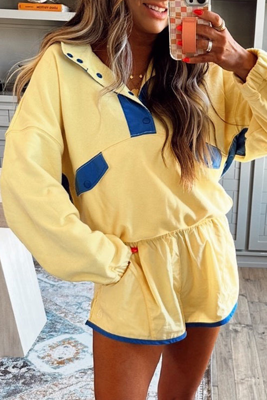 Color Block Patchwork Half Button Pullover and Shorts 2pcs Outfit
