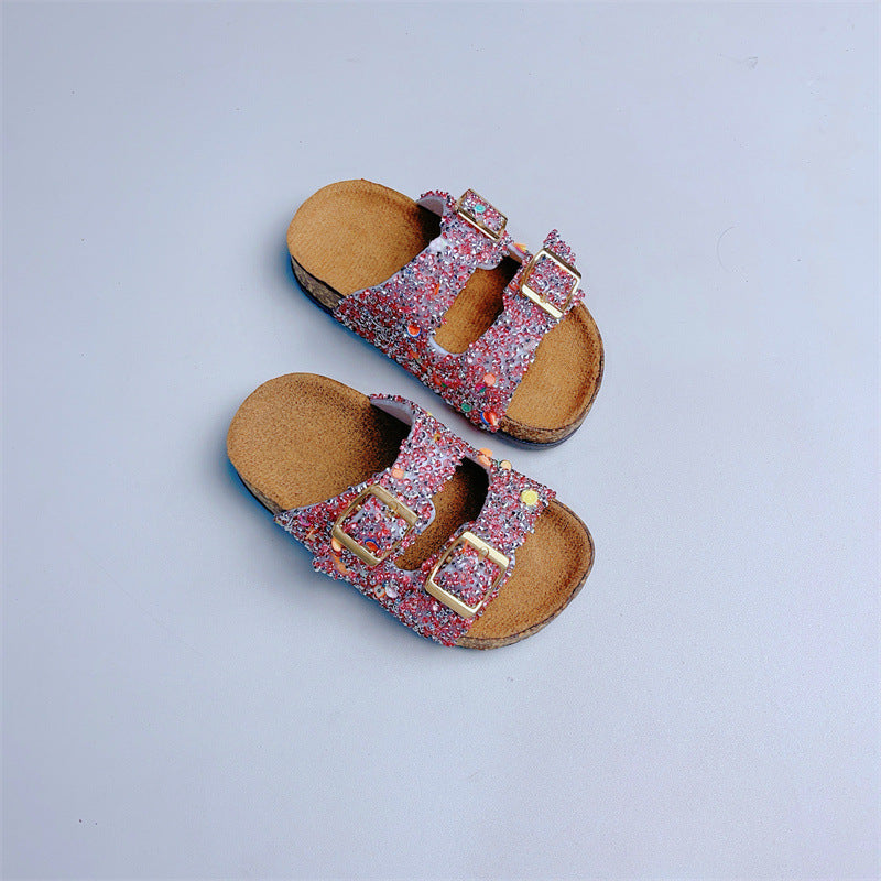 Girls Sparkly Buckle Cork Sandals