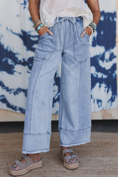 Drawstring Seam Detail Raw Hem Wide Leg Denim Pants