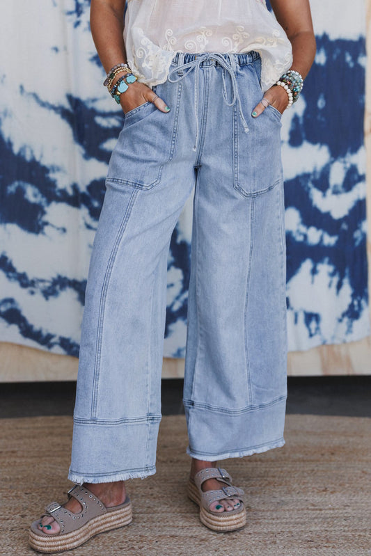 Drawstring Seam Detail Raw Hem Wide Leg Denim Pants