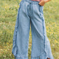 Wash Raw Hem Ruffled Wide Leg Jeans