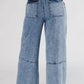 Acid Wash Exposed Seam Drawstring High Waist Jeans