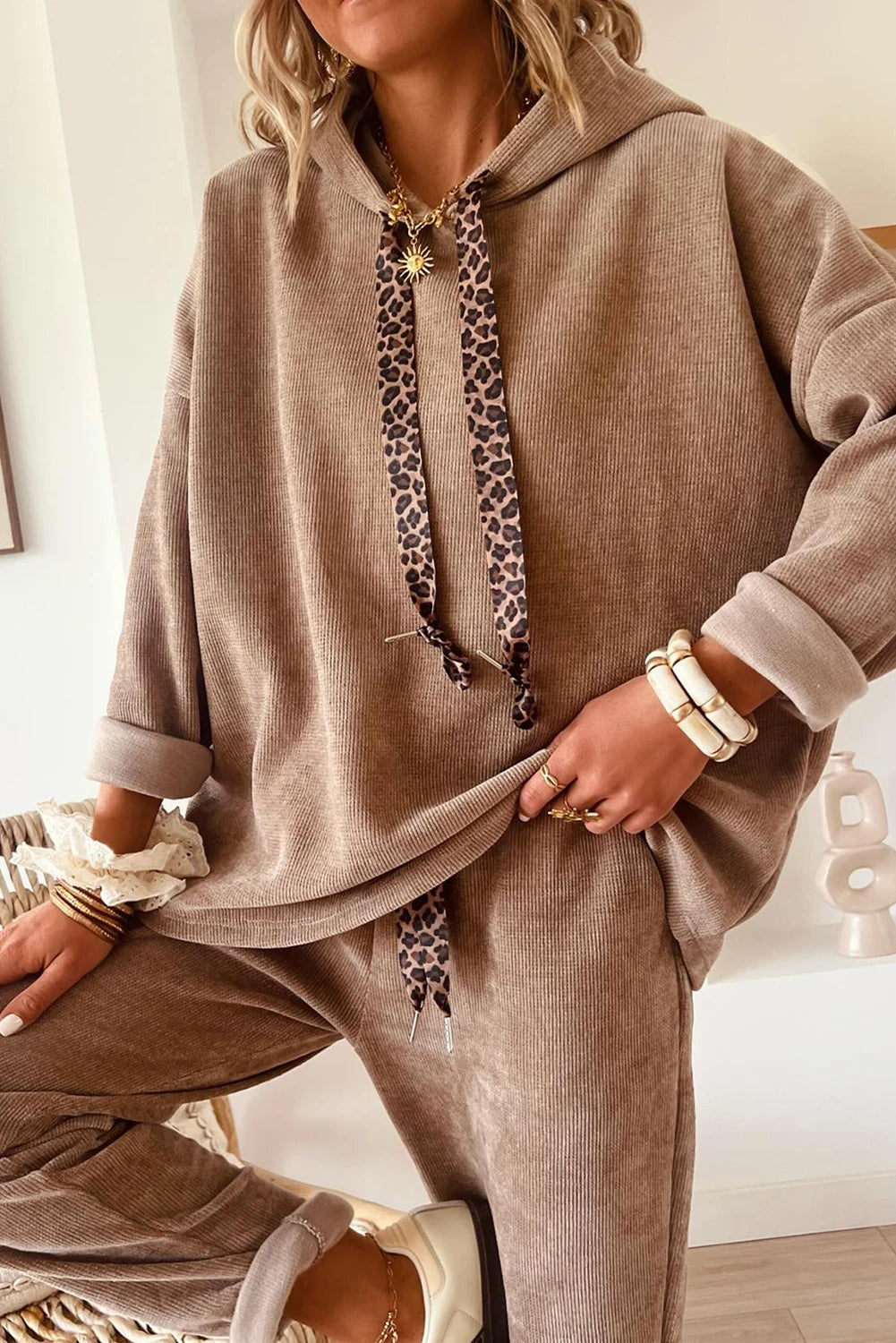 Hoodie and High Waist Pants Corduroy Suit