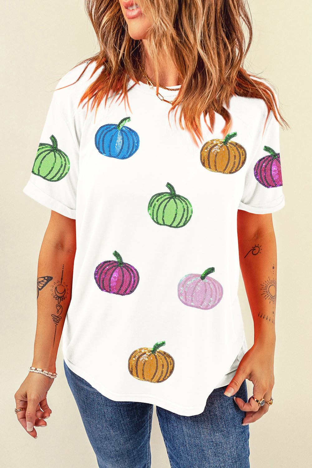 Sequin Bow Pumpkin Patched Cotton Blend T Shirt