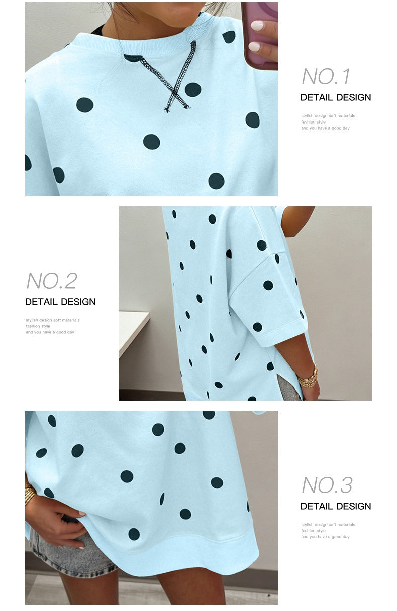 Polka Dot Print Crossed Seam Detail Oversize Tee
