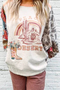 Asymmetric Printed Patchwork Sleeve Peace Desert Graphic Top
