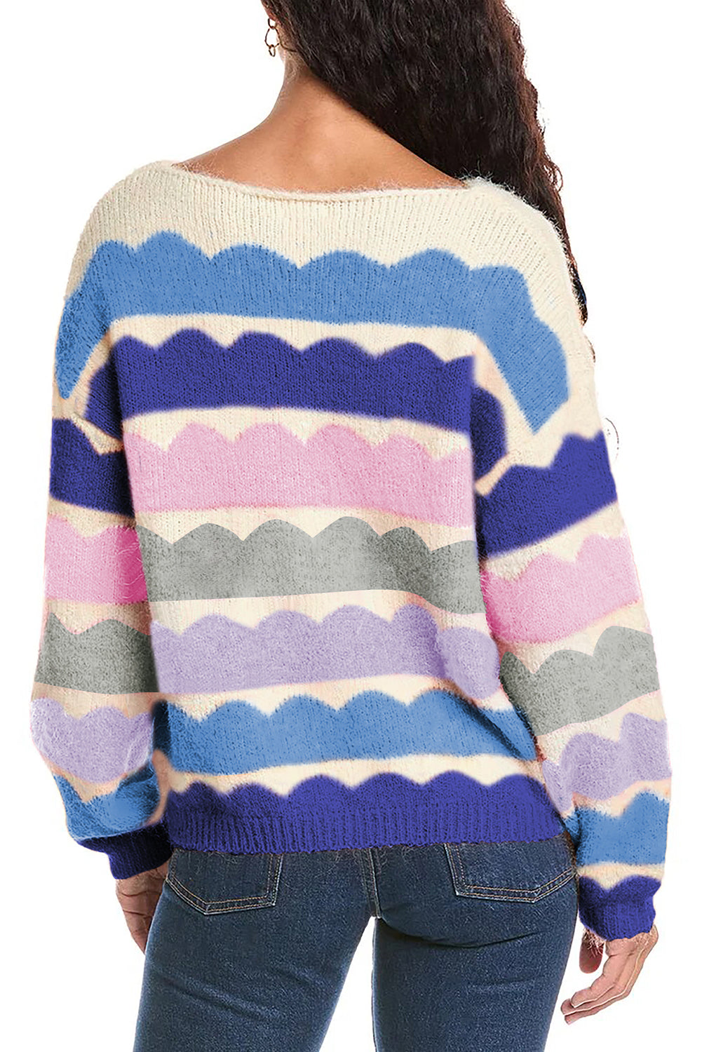 Wave Striped Balloon Sleeve Loose Sweater