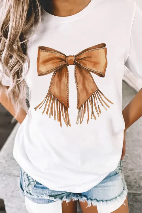 White Tassel Bowknot Print Round Neck Western Fashion T Shirt