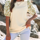 Beige Contrast Floral Bubble Sleeve Patchwork Ribbed Top