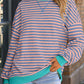 Striped Contrast Ribbed Trim Crossed Stitch Drop Shoulder Sweatshirt