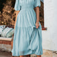 Puff Sleeve Pleated High Waist Flowy Midi Dress