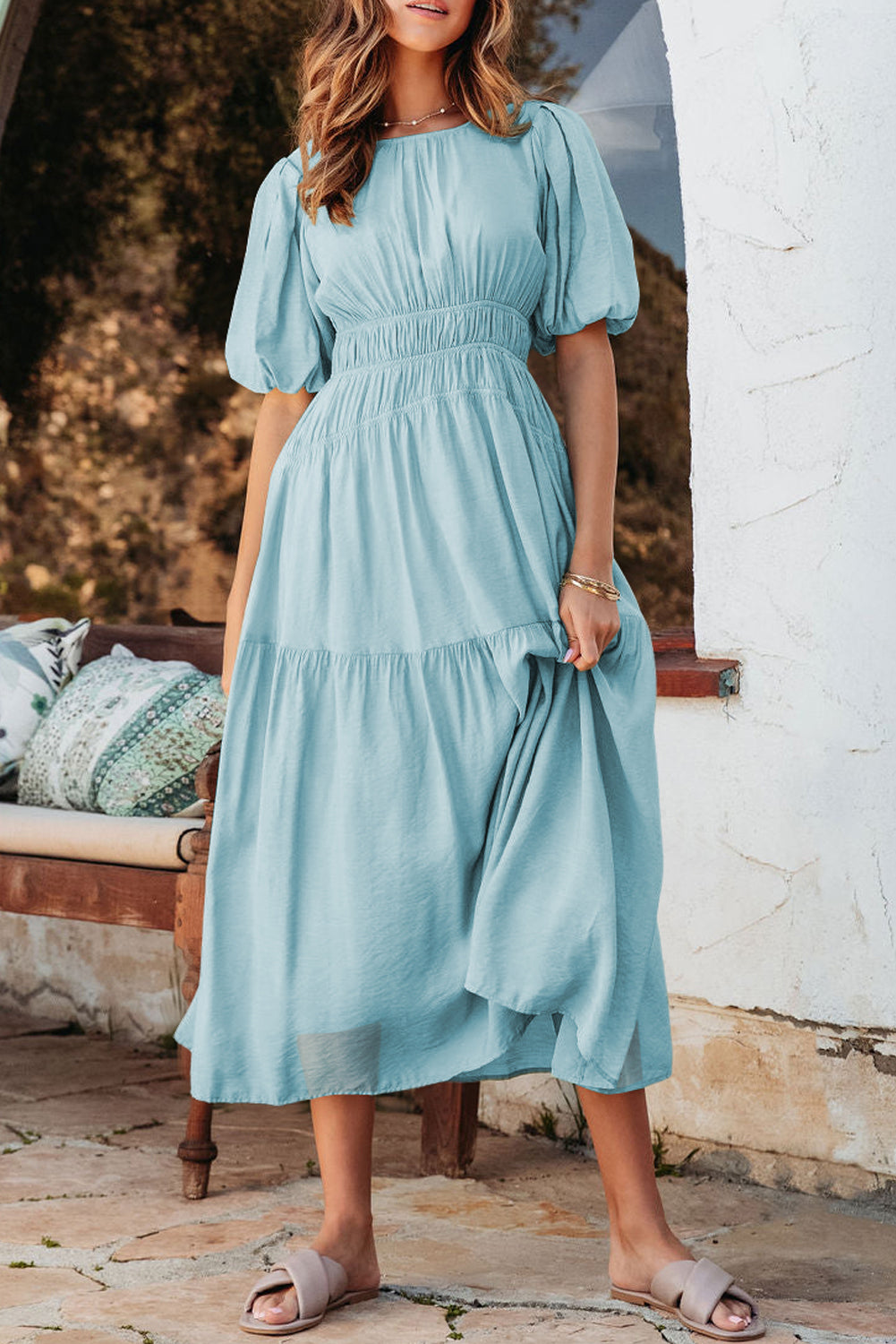 Puff Sleeve Pleated High Waist Flowy Midi Dress