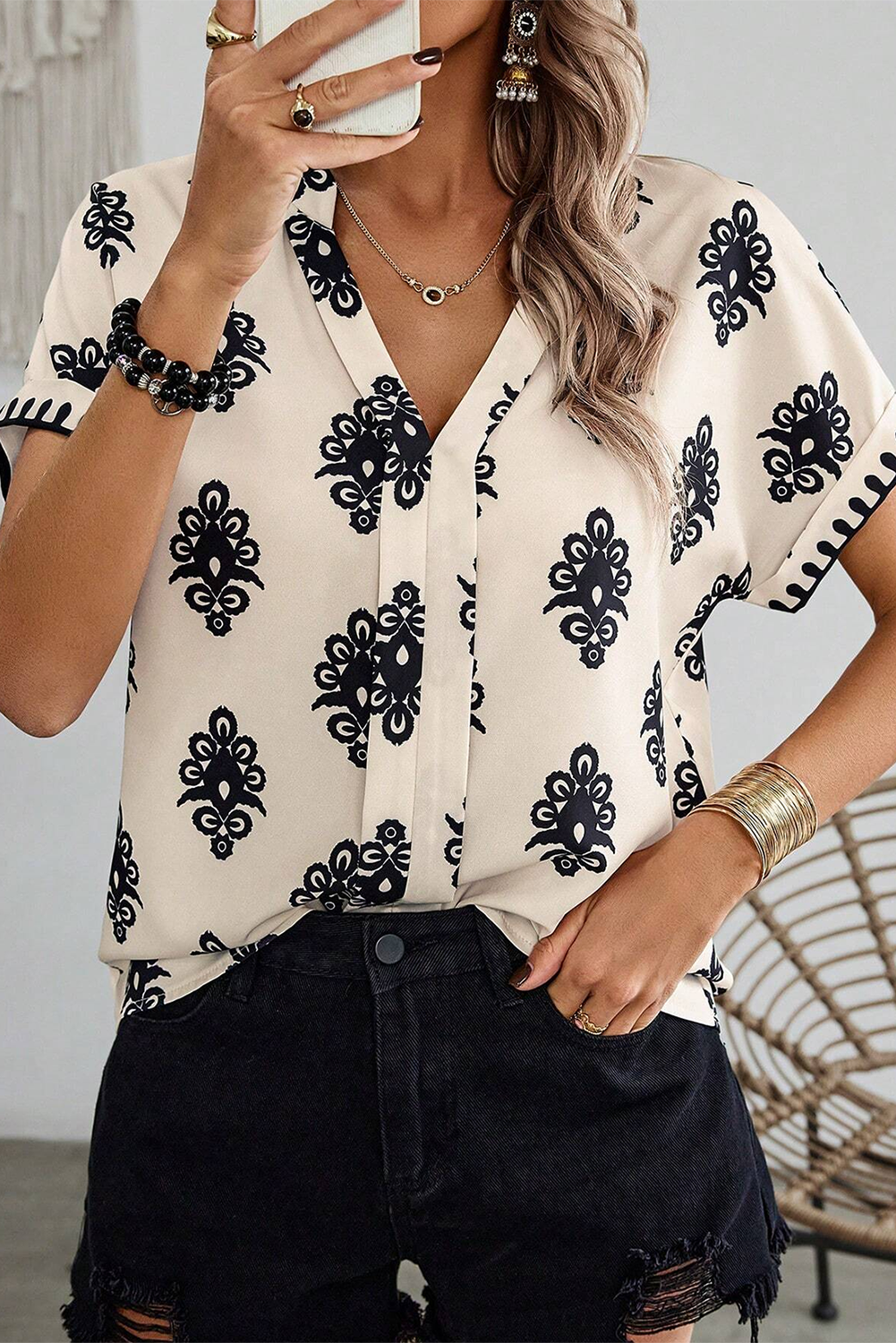 Geometric Print Short Sleeve V Neck Blouse