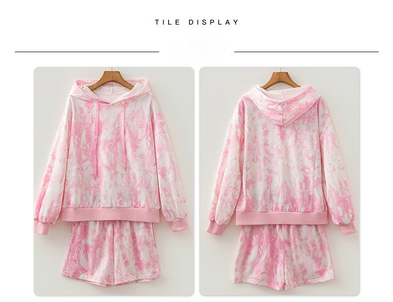 Pink Abstract Print Loose Hoodie Slim Shorts 2pcs Set