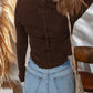 Lettuce Trim Raw Seam Patchwork Jacquard Long Sleeve Top