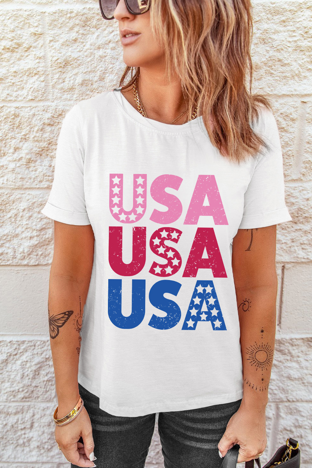 USA Starry Letter Graphic Cotton Blend T Shirt