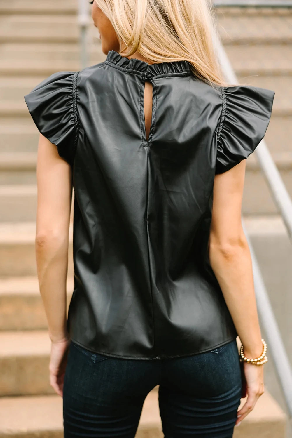 Leather Frill Neck Ruffle Blouse