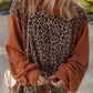 Leopard Floral Print Ribbed Puff Sleeve Patchwork Loose Pullover