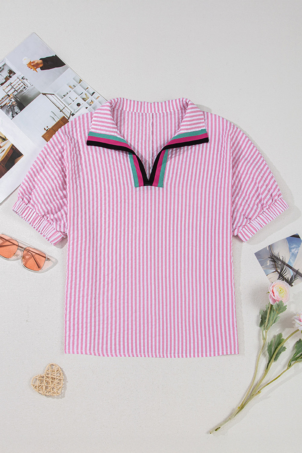 Striped Print Contrast Split Neck Dolman Sleeve Blouse