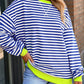 Striped Contrast Ribbed Trim Crossed Stitch Drop Shoulder Sweatshirt