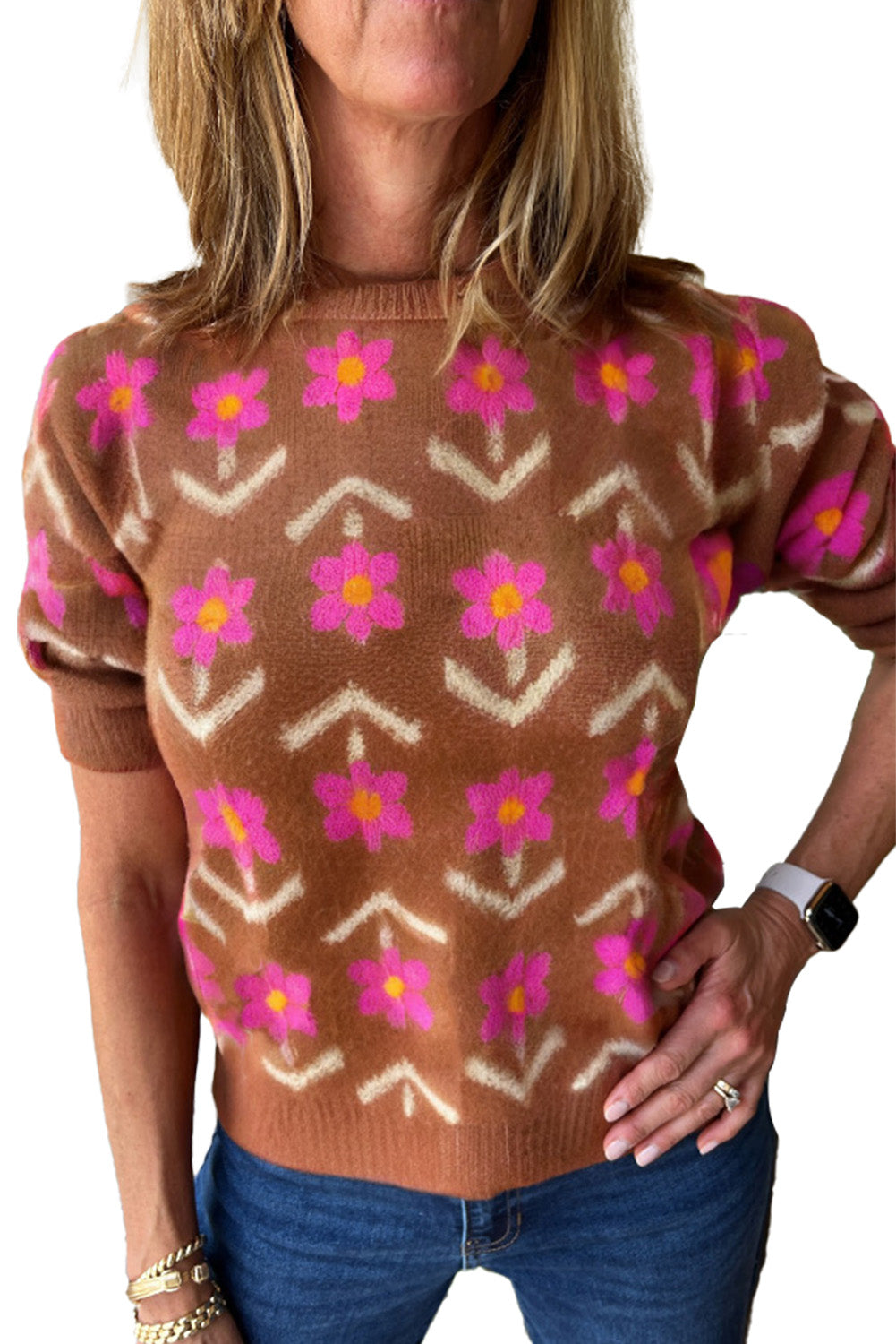 Floral Short Puff Sleeve Sweater