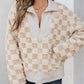 Checker Sherpa Corduroy Patchwork Zip up Collared Jacket