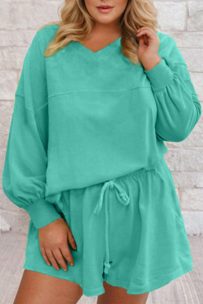 V Neck Pullover Top and Drawstring Short Plus Size Set