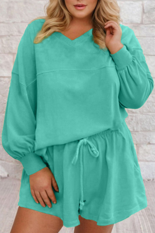 V Neck Pullover Top and Drawstring Short Plus Size Set