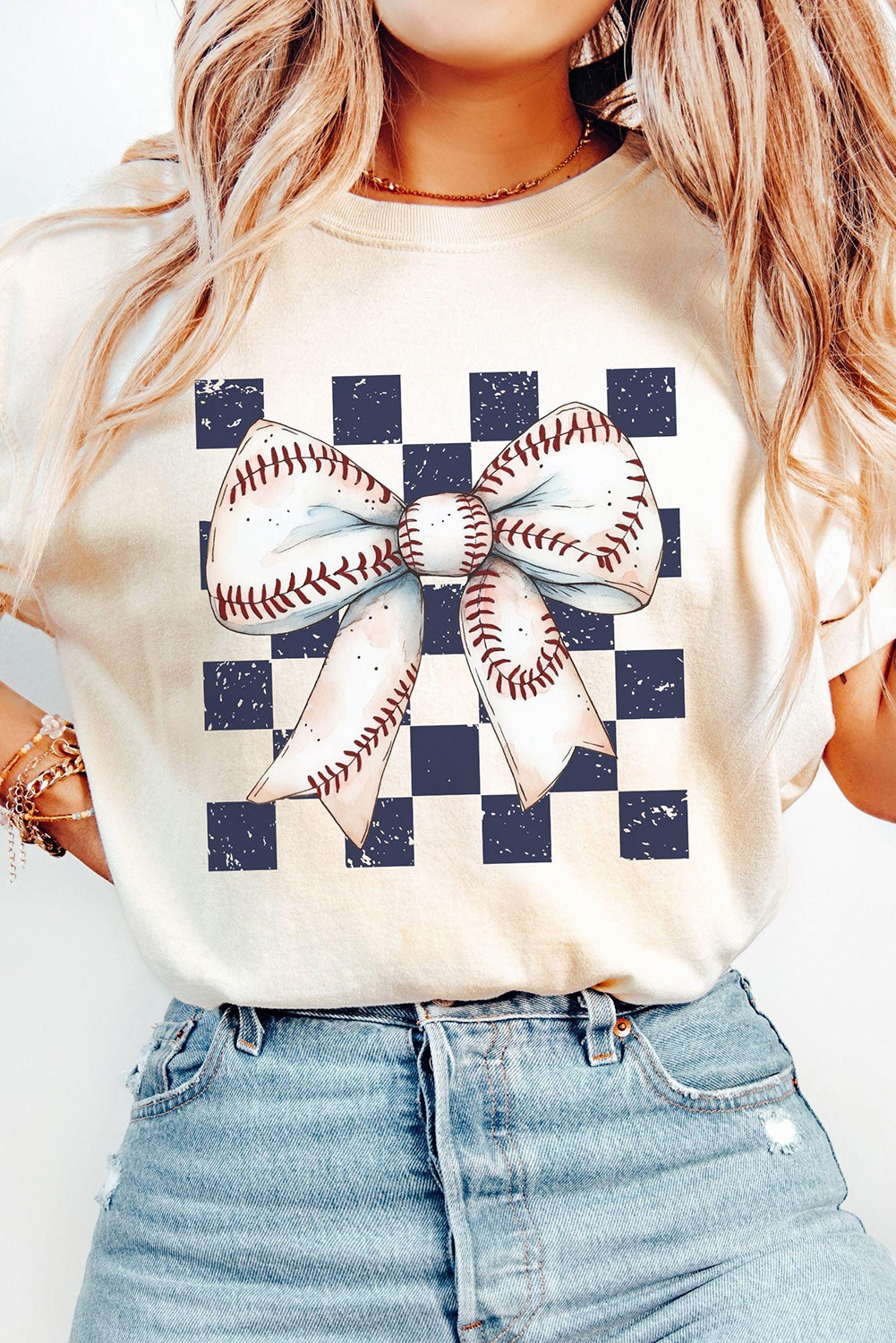 Checkered Rugby Bowknot Graphic Crew T Shirt