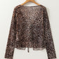 Leopard Sheer Mesh Long Sleeve V Neck Lace-up Blouse