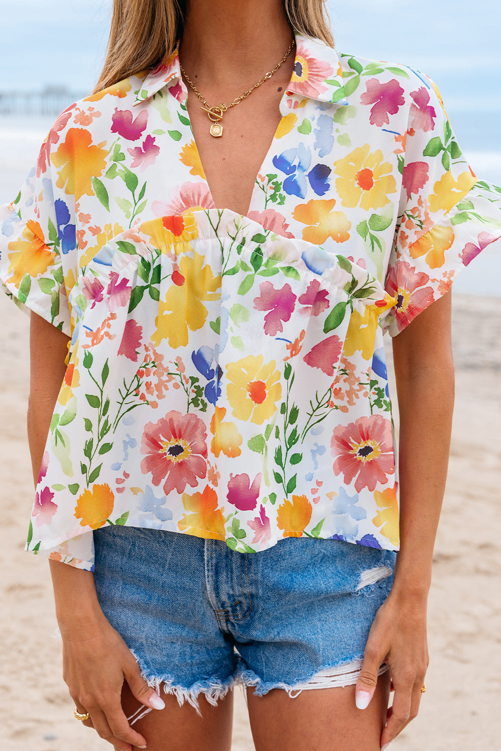 Floral Boxy Fit Ruffled Short Sleeve V Neck Blouse