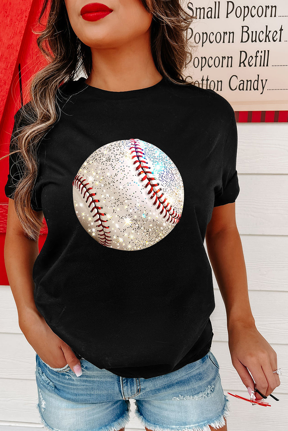 Heat Transfer Baseball Print Cotton Blend T Shirt